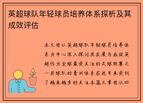 英超球队年轻球员培养体系探析及其成效评估