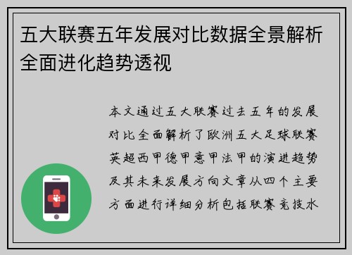 五大联赛五年发展对比数据全景解析全面进化趋势透视