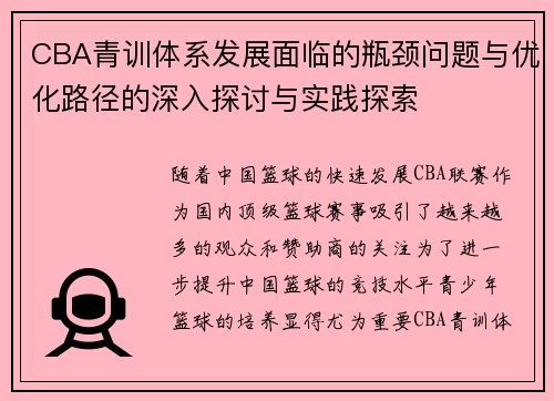 CBA青训体系发展面临的瓶颈问题与优化路径的深入探讨与实践探索