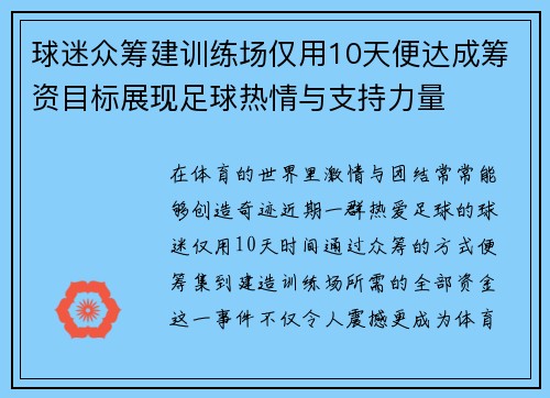 球迷众筹建训练场仅用10天便达成筹资目标展现足球热情与支持力量